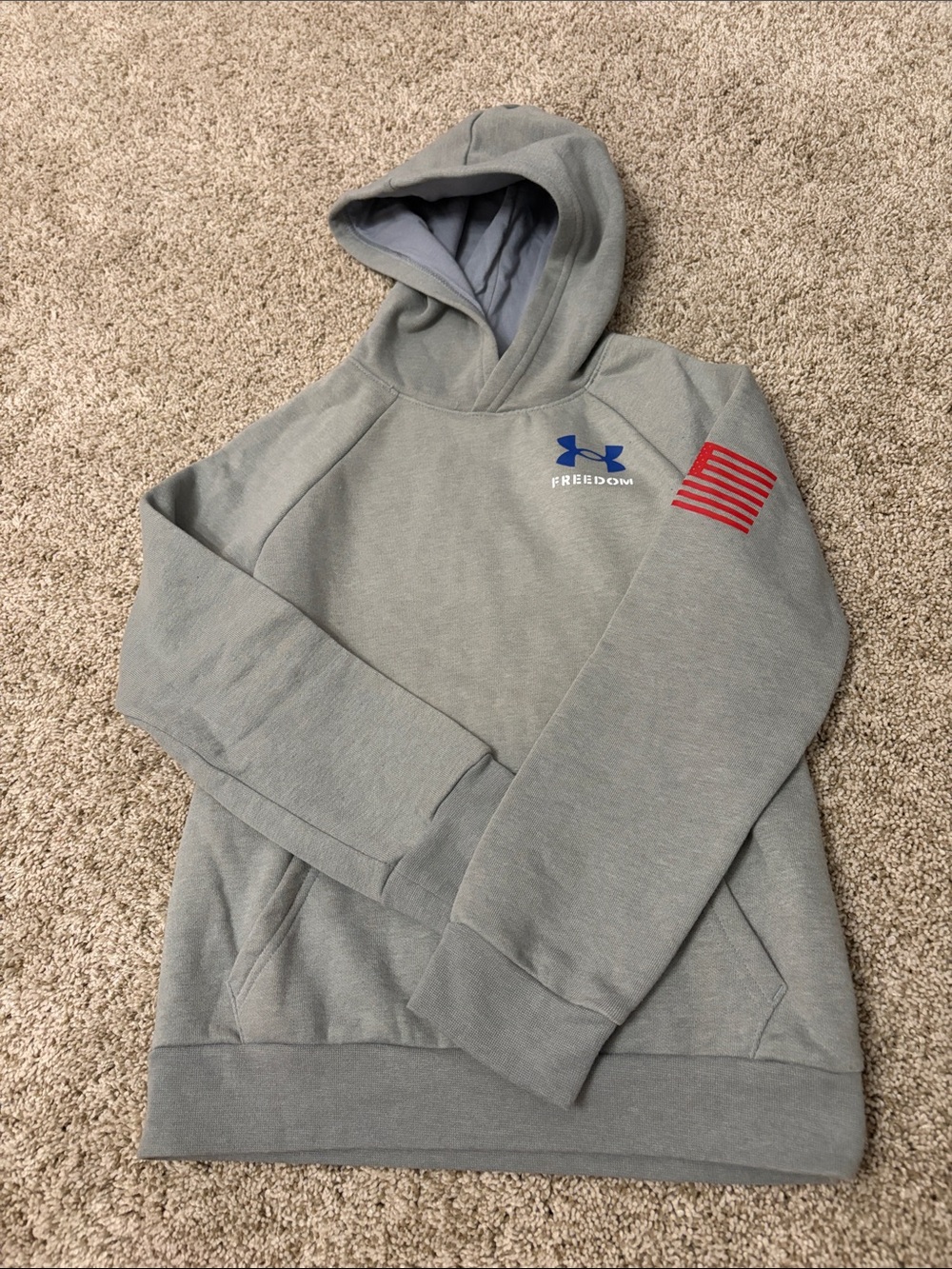 Under Armour Gray Hoodie with Blue Logo and Red Sleeve Flag